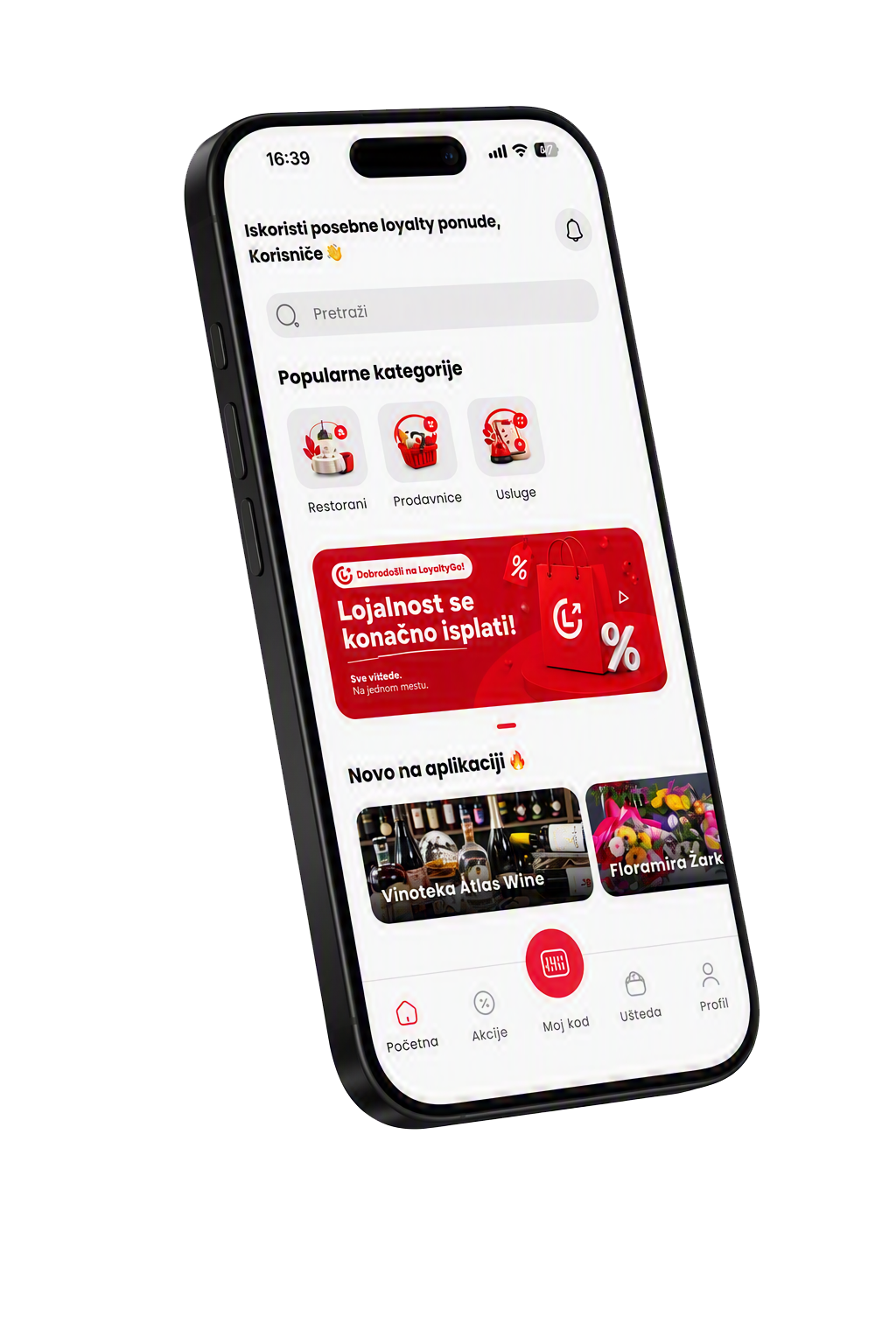 LoyaltyGo aplikacija — početni ekran